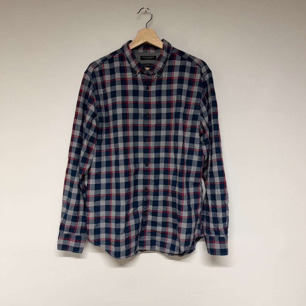 Banana Republic Mens Plaid Button Down Shirt L Camden Fit Luxe Flannel Blue Red
